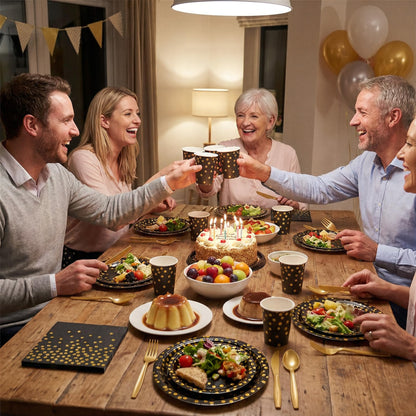 Gold Foil Polka Dot Disposable Party Paper Tableware Set for Birthday, Baby Shower, and Wedding