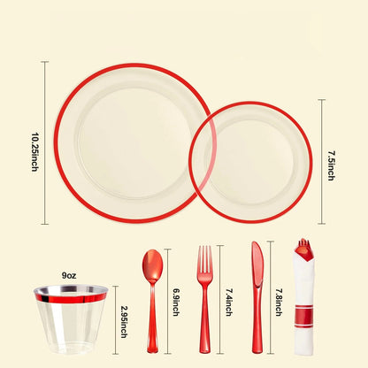 Goodluck Disposable Clear with Red Rim Plastic Dinnerware Set