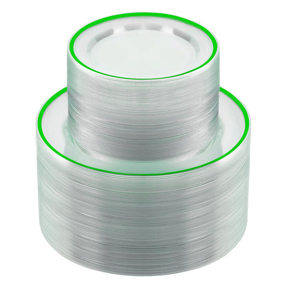 Goodluck 200PCS Disposable  Green and Clear Plastic Plates Set with 100 Dinner Plates and 100 Dessert Plates for Party, St. Patrick's Day