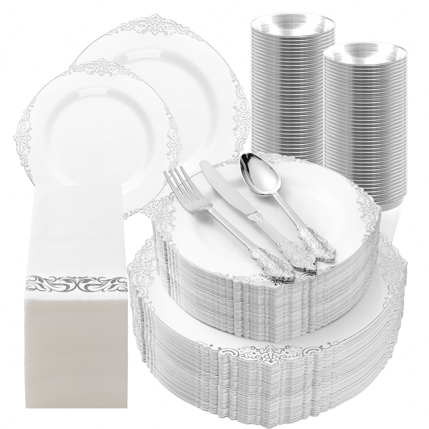 Goodluck 350PCS Disposable Silver Plastic Dinnerware Set for Party & Wedding