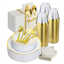 Goodluck  Disposable Elegant Gold Plastic Dinnerware Set for Weddings, Parties, Graduation, Includes: Plates, Place Cards, Cups,  Spoons, Forks, Knives, Napkins