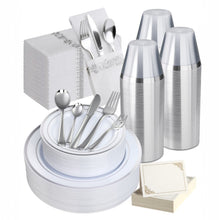 Goodluck  Disposable Elegant Silver Plastic Dinnerware Set for Weddings, Parties, Graduation, Includes: Plates, Place Cards, Cups,  Spoons, Forks, Knives, Napkins