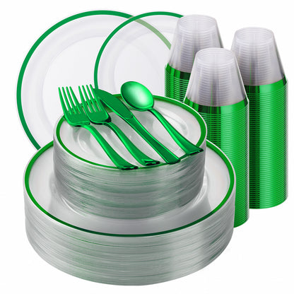 Goodluck 350PCS Disposable Green and Clear Plastic Dinnerware Sets for 50 Guests