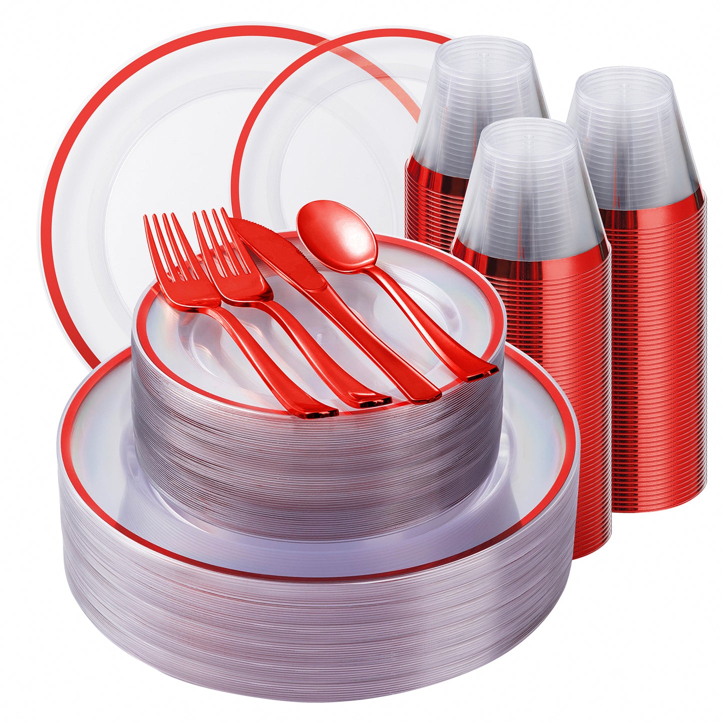 Goodluck 350PCS Disposable Red and Clear Plastic Dinnerware Sets for 50 Guests