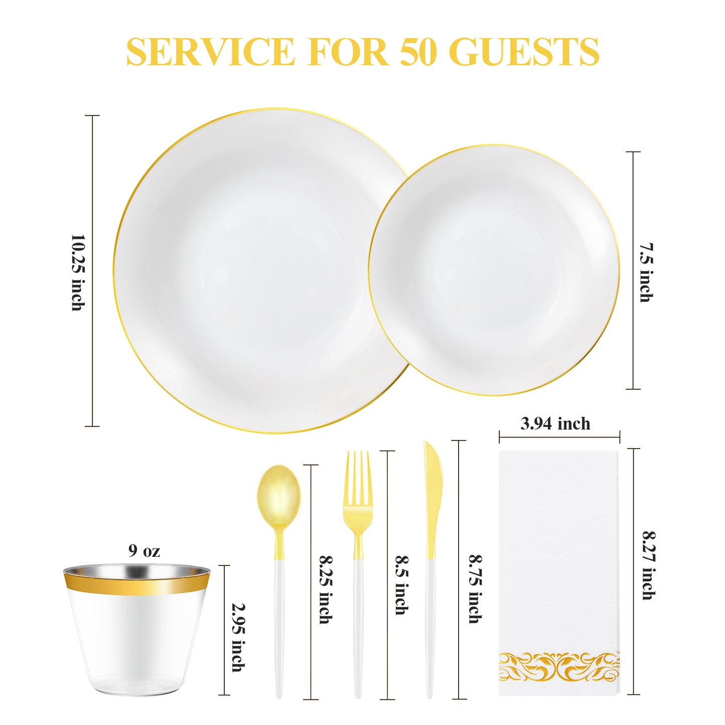 Goodluck 350 Pieces Disposable White with Gold Rim Plastic Dinnerware Set