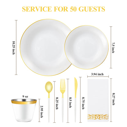 Goodluck 350 Pieces Disposable White with Gold Rim Plastic Dinnerware Set