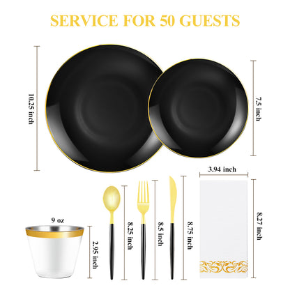 Goodluck 350 Pieces Disposable Black with Gold Rim Plastic Dinnerware Set