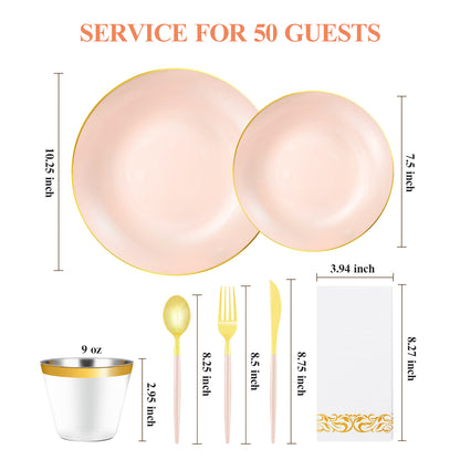 Goodluck 350 Pieces Disposable Pink with Gold Rim Plastic Dinnerware Set