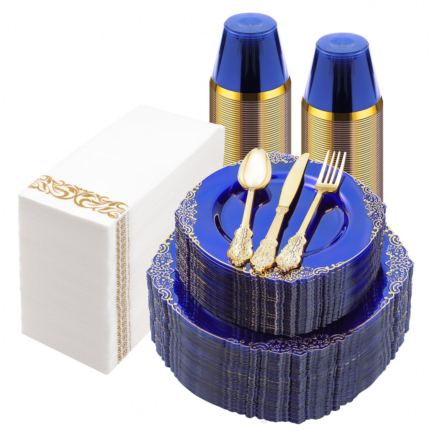 Goodluck Disposable Retro Clear Blue with Gold Rim Plastic Dinnerware Sets
