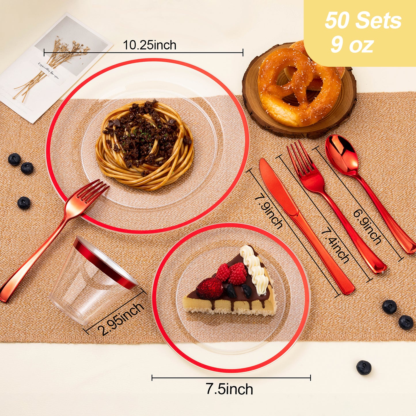 Goodluck 350PCS Disposable Red and Clear Plastic Dinnerware Sets for 50 Guests