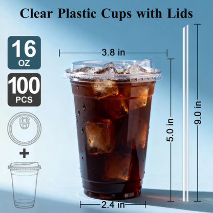 Goodluck 100 Pack 16oz Disposable Plastic Cups With Strawless Sip Lids,  Iced Coffee Cups (include straw) for Smoothies, Party Drinks, Bubble Tea, Cold Beverage