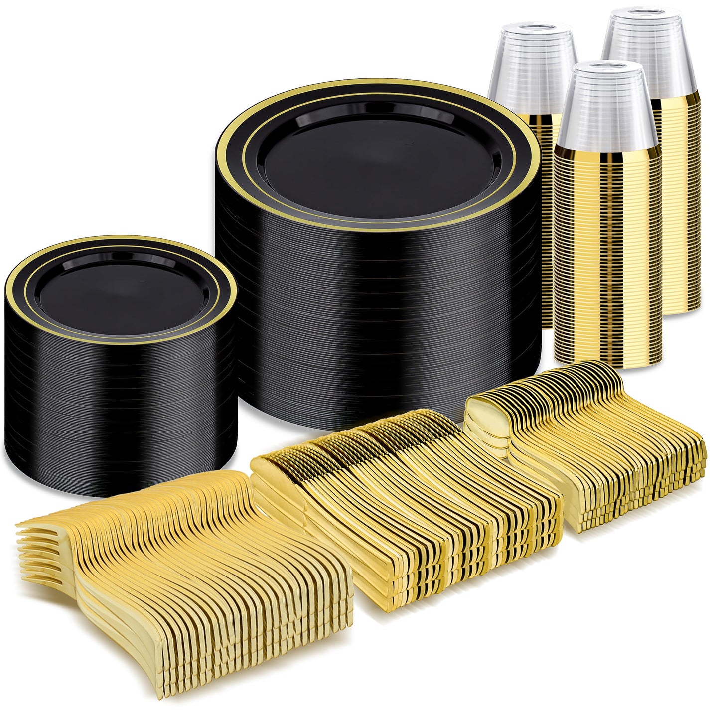 Goodluck 600PCS Disposable Plates Black with Gold Dinnerware Set for Halloween Party and Christmas