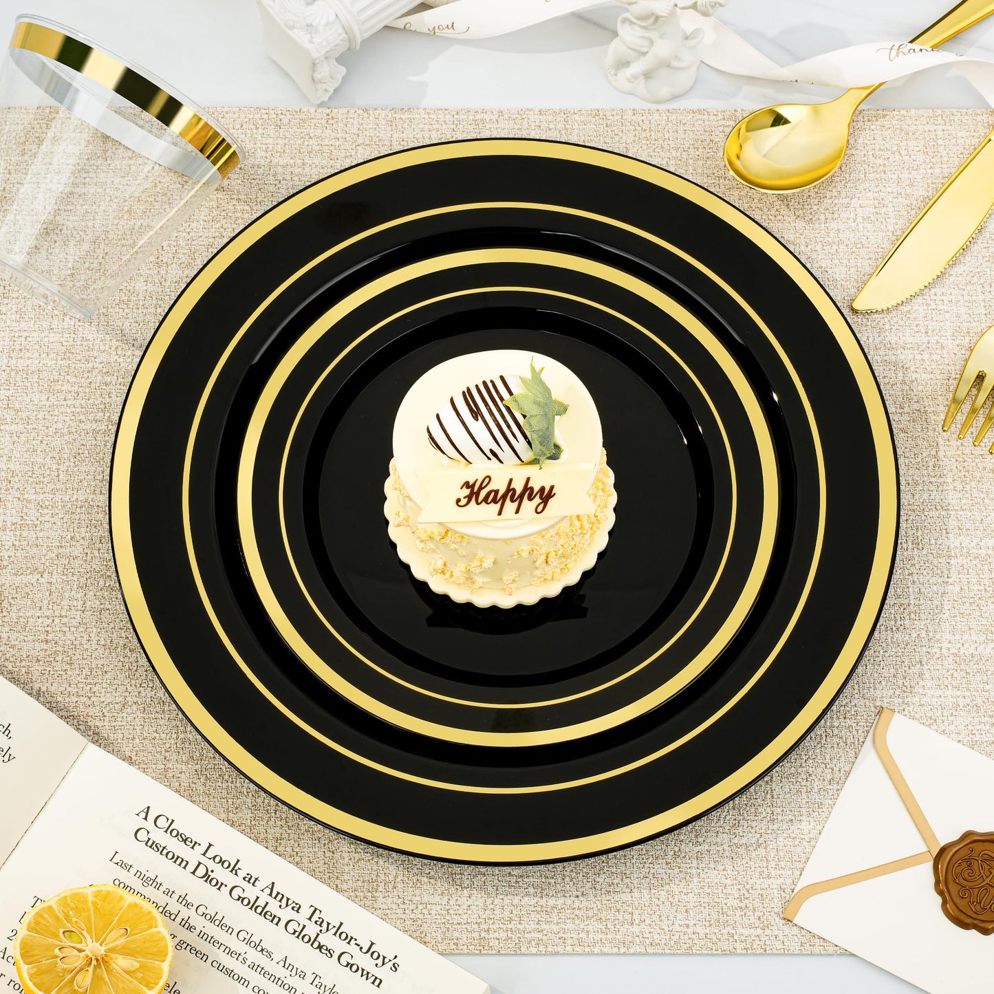 Goodluck 600PCS Disposable Plates Black with Gold Dinnerware Set for Halloween Party and Christmas