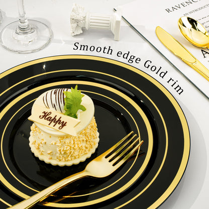 Goodluck 600PCS Disposable Plates Black with Gold Dinnerware Set for Halloween Party and Christmas