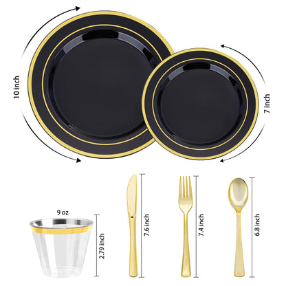 Goodluck 600PCS Disposable Plates Black with Gold Dinnerware Set for Halloween Party and Christmas