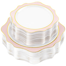 Goodluck 100 PCS White with Pink Rim Disposable Scalloped Plastic Plates for Party, Wedding, and Graduation