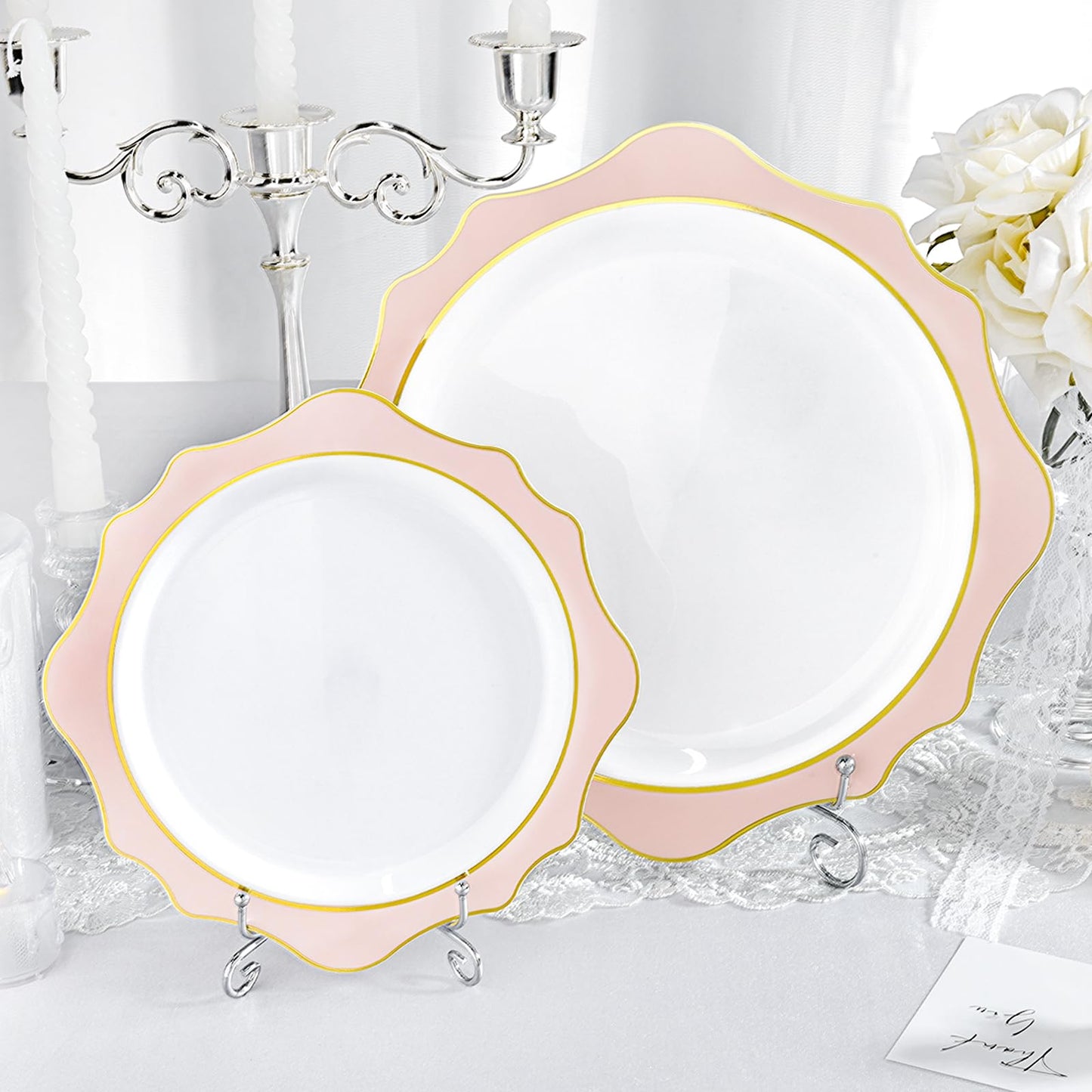 Goodluck 100 PCS White with Pink Rim Disposable Scalloped Plastic Plates for Party, Wedding, and Graduation