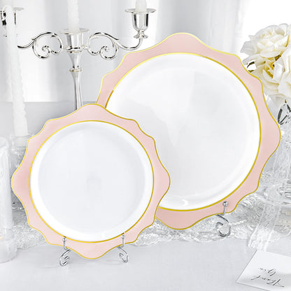 Goodluck 100 PCS White with Pink Rim Disposable Scalloped Plastic Plates for Party, Wedding, and Graduation