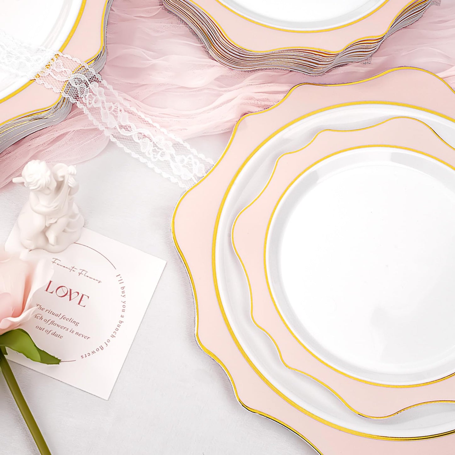 Goodluck 100 PCS White with Pink Rim Disposable Scalloped Plastic Plates for Party, Wedding, and Graduation