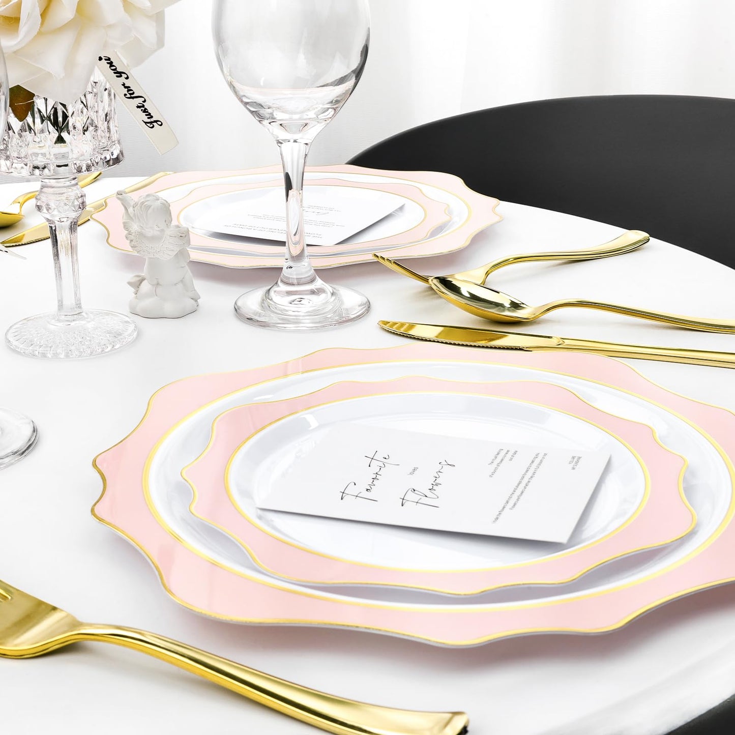 Goodluck 100 PCS White with Pink Rim Disposable Scalloped Plastic Plates for Party, Wedding, and Graduation