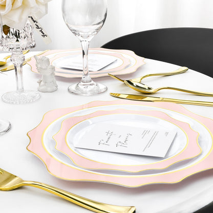 Goodluck 100 PCS White with Pink Rim Disposable Scalloped Plastic Plates for Party, Wedding, and Graduation
