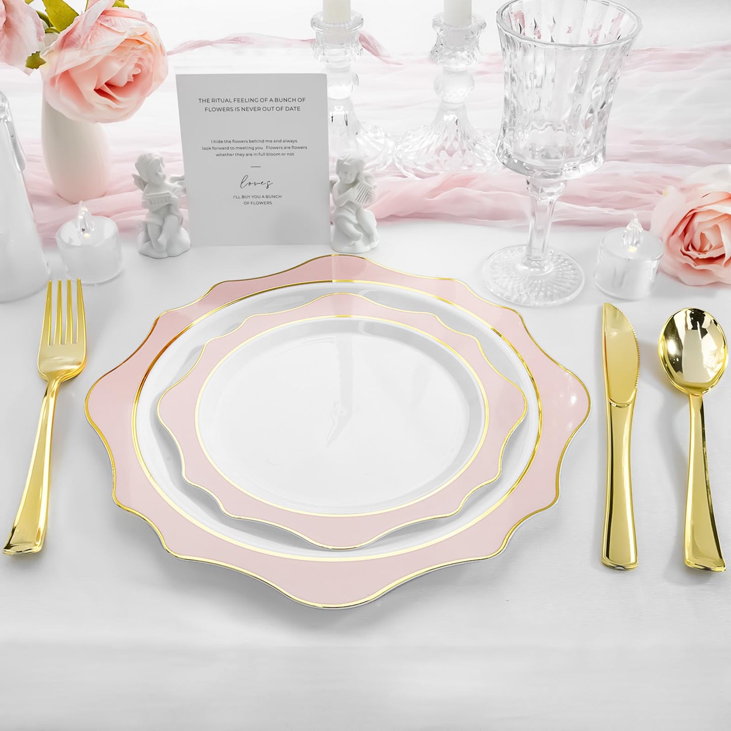 Goodluck 100 PCS White with Pink Rim Disposable Scalloped Plastic Plates for Party, Wedding, and Graduation