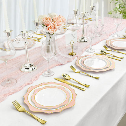 Goodluck 100 PCS White with Pink Rim Disposable Scalloped Plastic Plates for Party, Wedding, and Graduation