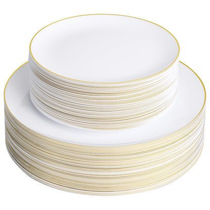 Goodluck 100PCS Disposable White with Gold Rim Plastic Plates for Party, Wedding