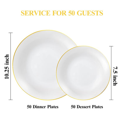 Goodluck 100PCS Disposable White with Gold Rim Plastic Plates for Party, Wedding