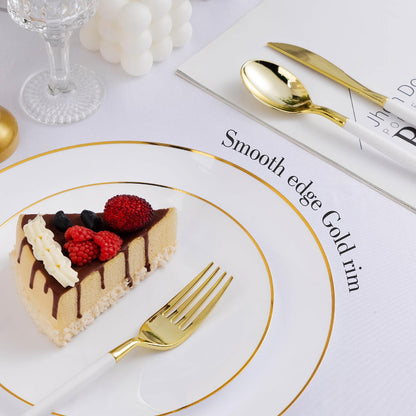 Goodluck 100PCS Disposable White with Gold Rim Plastic Plates for Party, Wedding