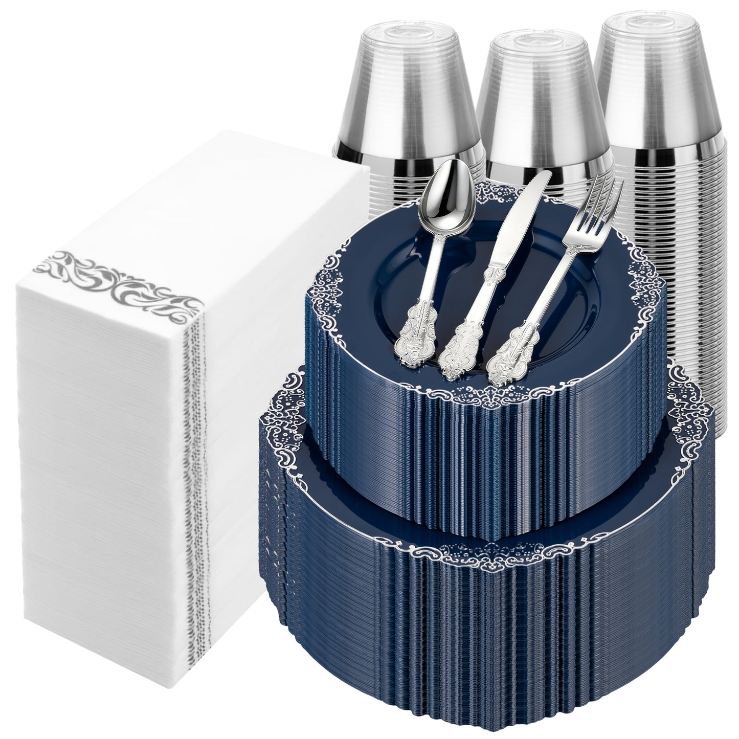 Goodluck 350PCS Disposable Navy Blue Plastic Dinnerware Sets for Party, Wedding and Graduation