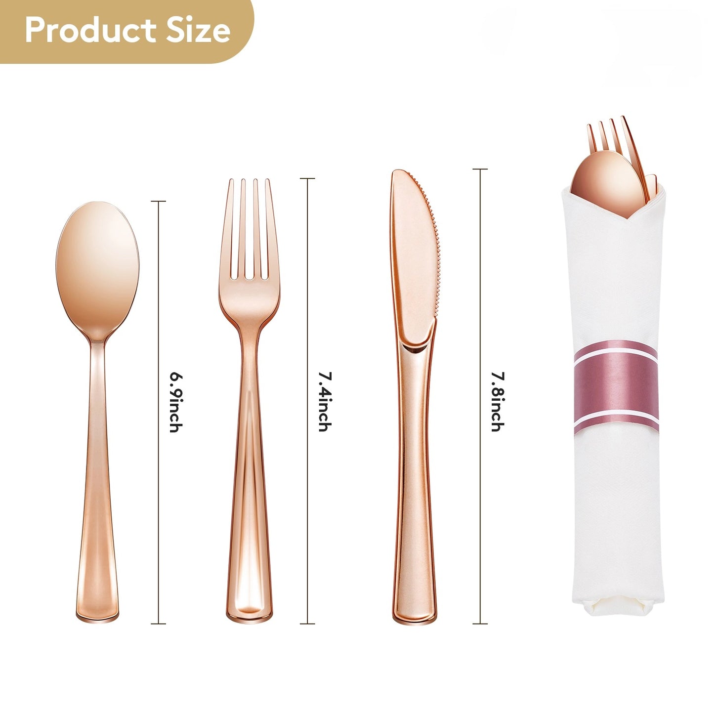Goodluck Fancy Disposable Pre-Rolled Rose Gold Plastic Silverware for Party, Wedding