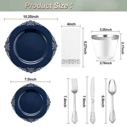Goodluck 350PCS Disposable Navy Blue Plastic Dinnerware Sets for Party, Wedding and Graduation