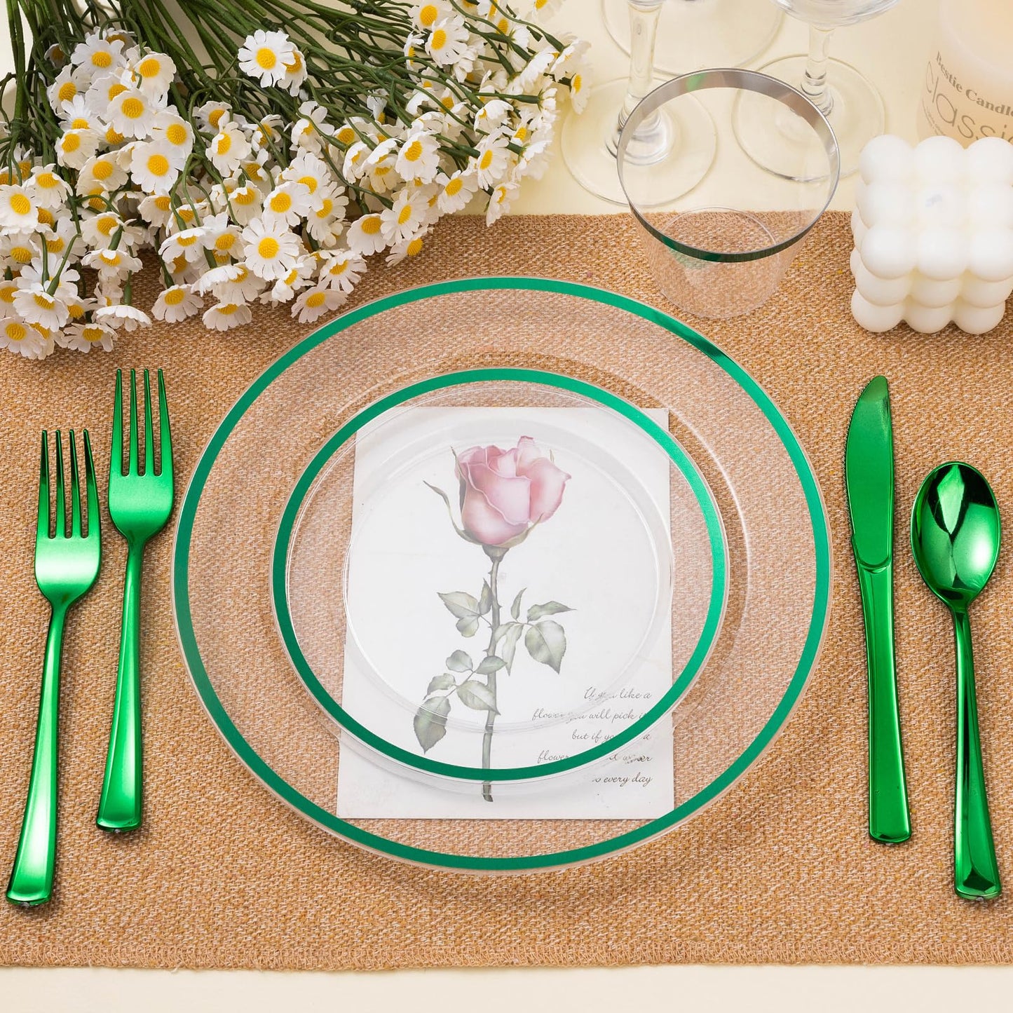 Goodluck 200PCS Disposable  Green and Clear Plastic Plates Set with 100 Dinner Plates and 100 Dessert Plates for Party, St. Patrick's Day