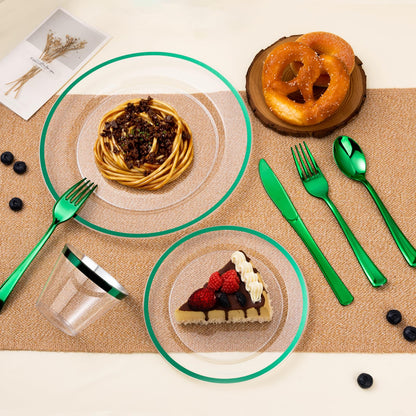 Goodluck 200PCS Disposable  Green and Clear Plastic Plates Set with 100 Dinner Plates and 100 Dessert Plates for Party, St. Patrick's Day