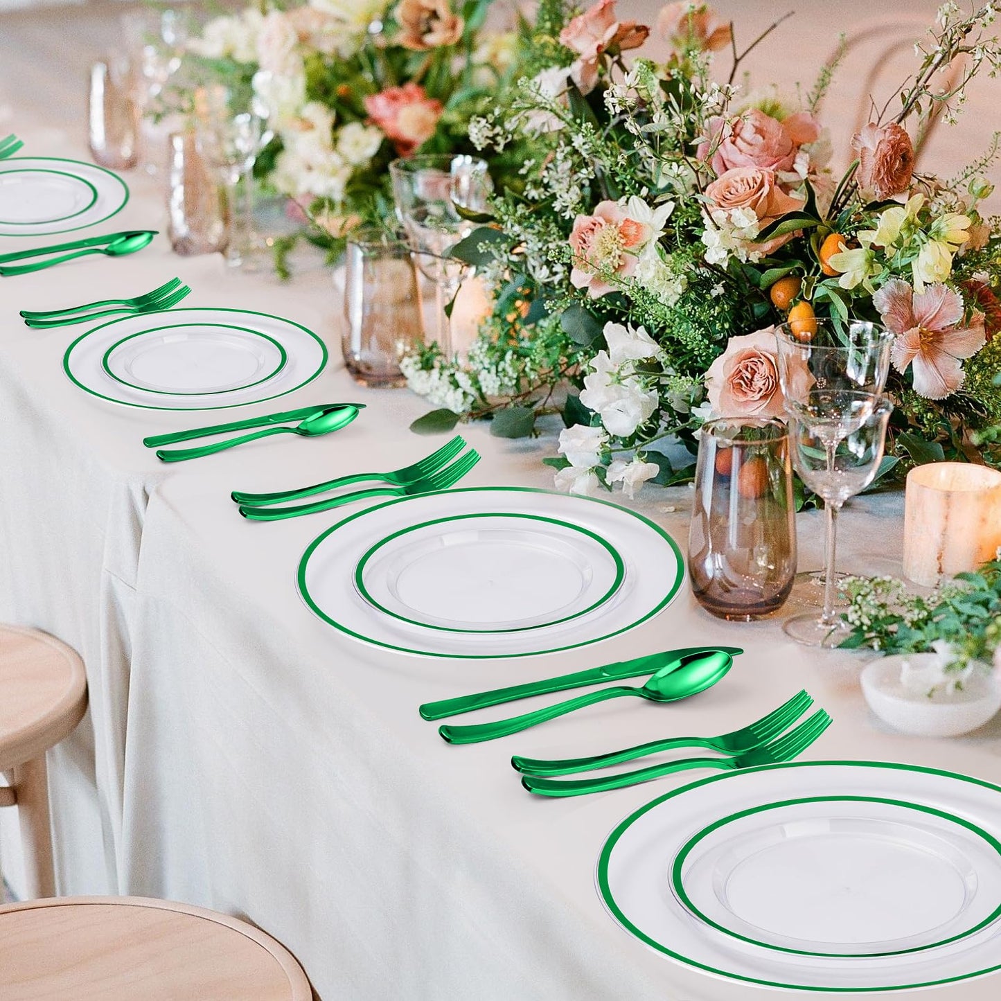 Goodluck 200PCS Disposable  Green and Clear Plastic Plates Set with 100 Dinner Plates and 100 Dessert Plates for Party, St. Patrick's Day