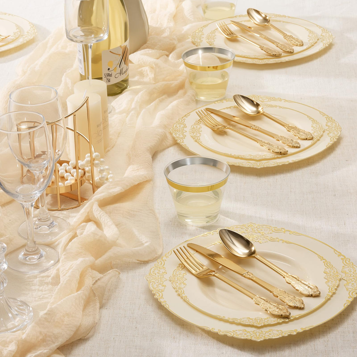 Heavy Duty Elegant Vintage Plastic Plates with Cutlery Set for Wedding, Bridal Shower, Anniversary