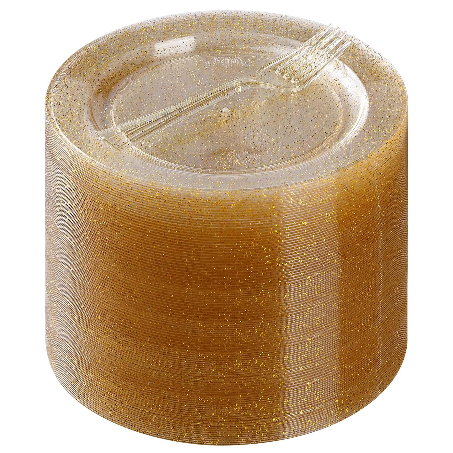 Goodluck Disposable Gold Glitter Plastic Dessert Plates with Forks for Thanksgiving, Birthday and Christmas