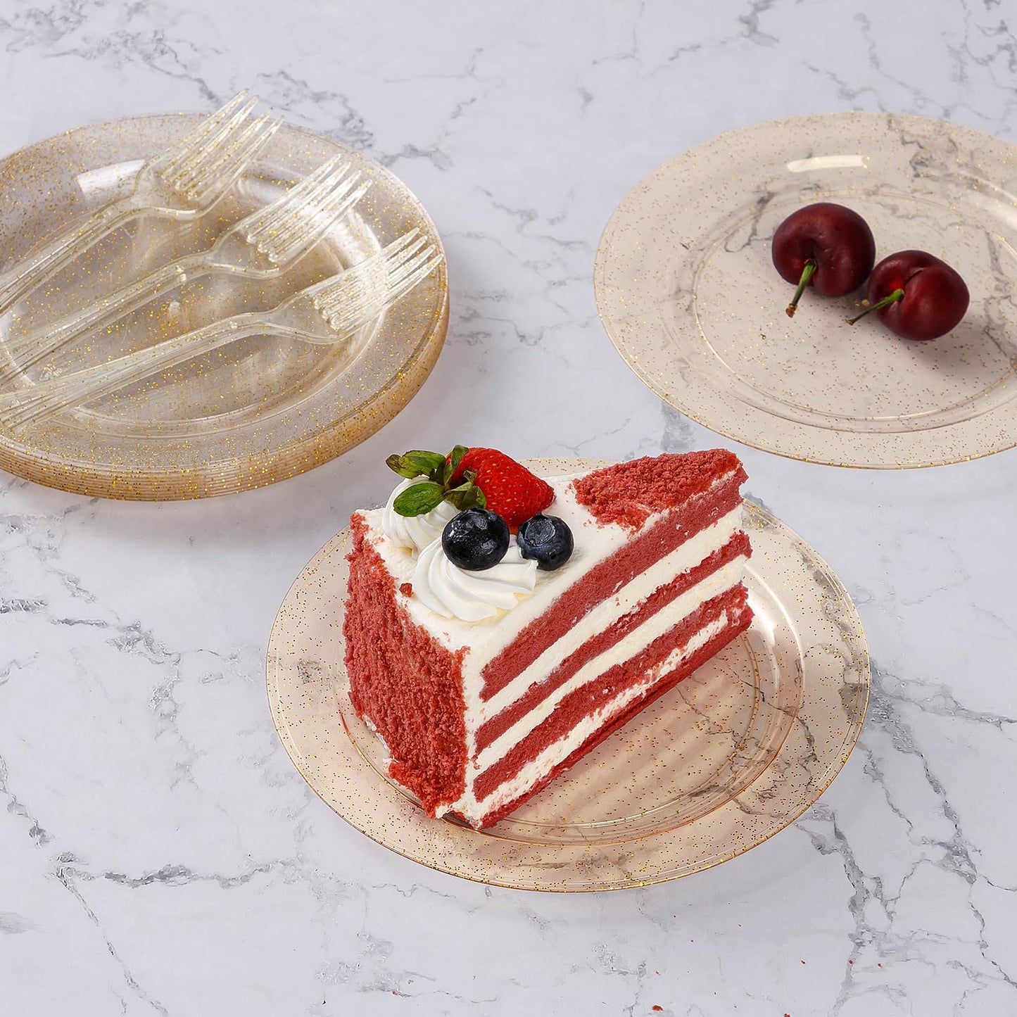 Goodluck Disposable Gold Glitter Plastic Dessert Plates with Forks for Thanksgiving, Birthday and Christmas