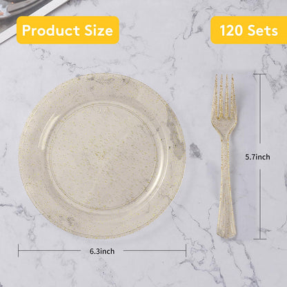 Goodluck Disposable Gold Glitter Plastic Dessert Plates with Forks for Thanksgiving, Birthday and Christmas