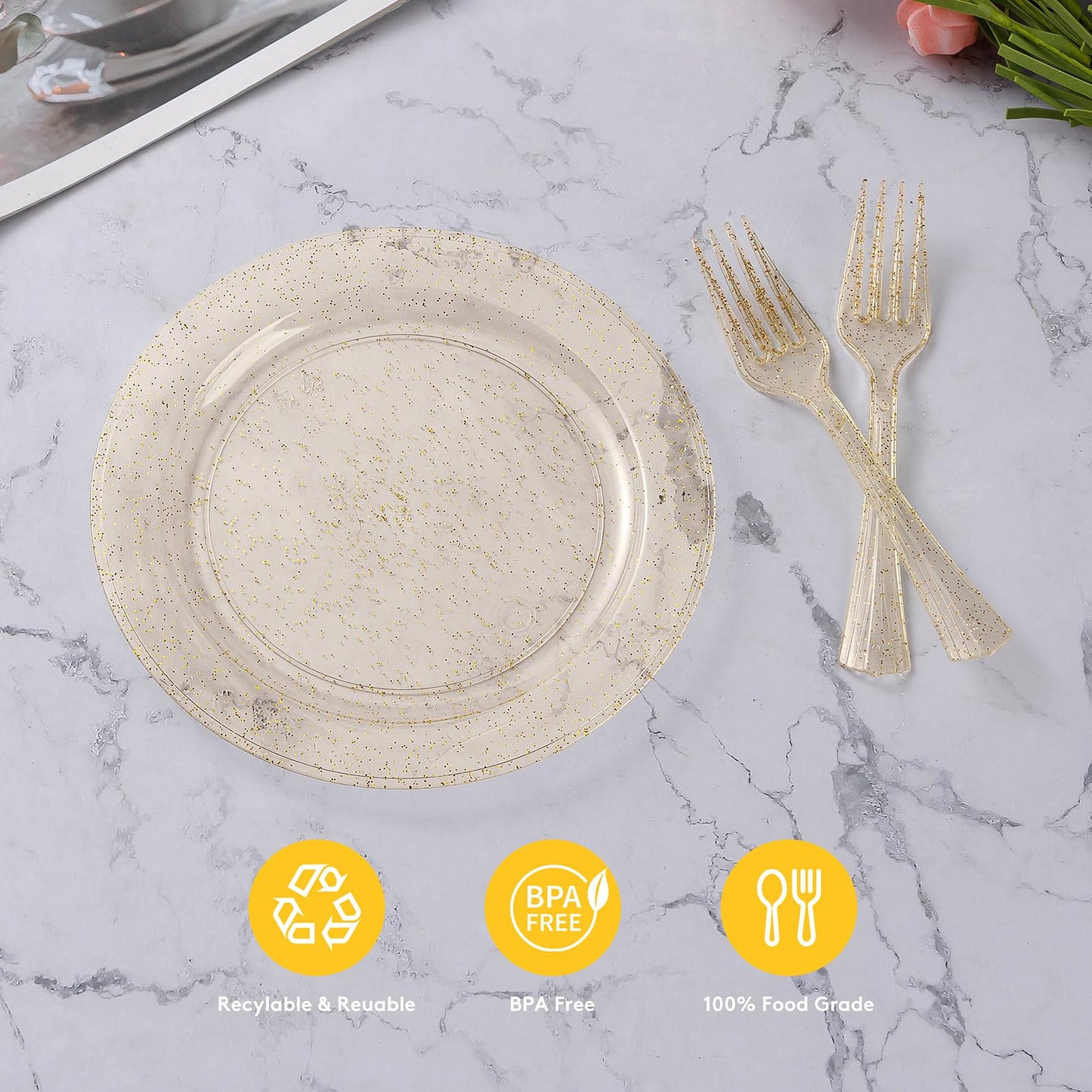 Goodluck Disposable Gold Glitter Plastic Dessert Plates with Forks for Thanksgiving, Birthday and Christmas