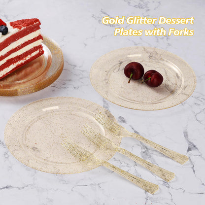 Goodluck Disposable Gold Glitter Plastic Dessert Plates with Forks for Thanksgiving, Birthday and Christmas