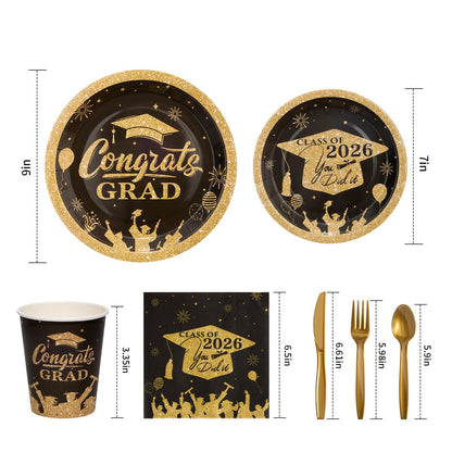 Graduation Party Supplies Include 9" & 7" Disposable Graduation Paper Plates, 9oz Cups, Napkins & Cutlery