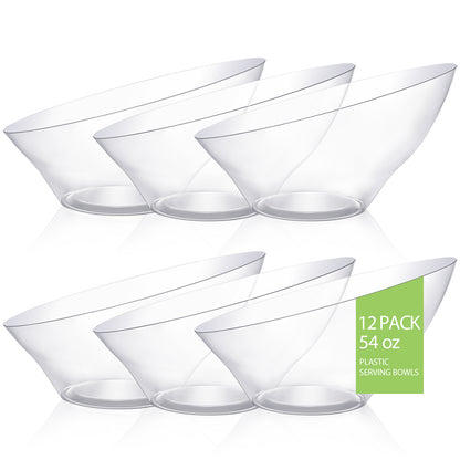 Goodluck 12 Pack 54oz Disposable Angled Crystal Plastic Serving Bowls for Chips, Snacks, Fruit, Salad