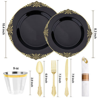 Vintage Luxury Disposable Tableware with Gold Pattern Rim For Graduation