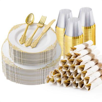 Goodluck Disposable Retro White with Gold Rim Plastic Dinnerware