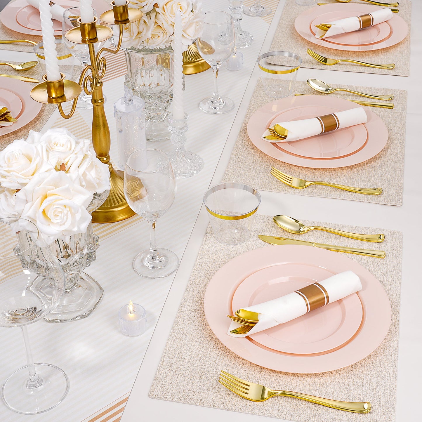 Celebration High-Heavy Pink Plastic Dinnerware Set for Wedding, Graduation