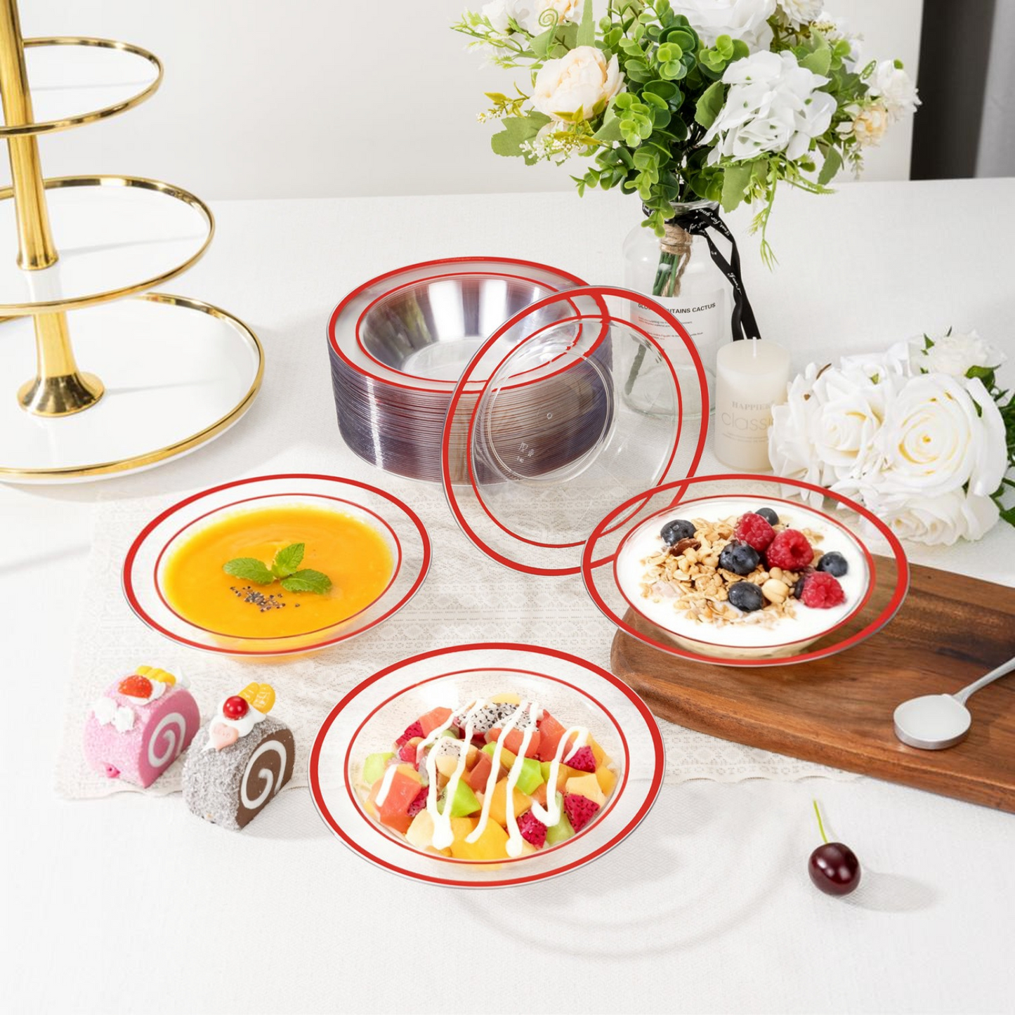 Durable and Sturdy 12-Ounce Disposable Bowls with Gold Spoon for ice cream, soup, fruit, and daily use
