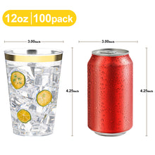 Goodluck 100 Pack 12oz Disposable Clear with Gold Rim Cups for Party, Holiday, Christmas, Wedding, Birthday, and Everyday Use
