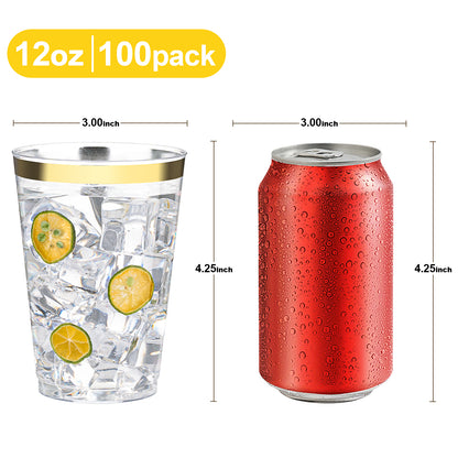 Goodluck 100 Pack 12oz Disposable Clear with Gold Rim Cups for Party, Holiday, Christmas, Wedding, Birthday, and Everyday Use
